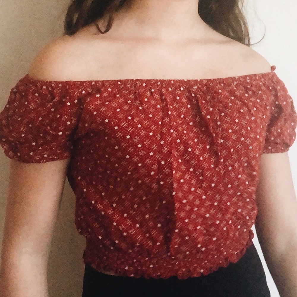 red off the shoulder shirt